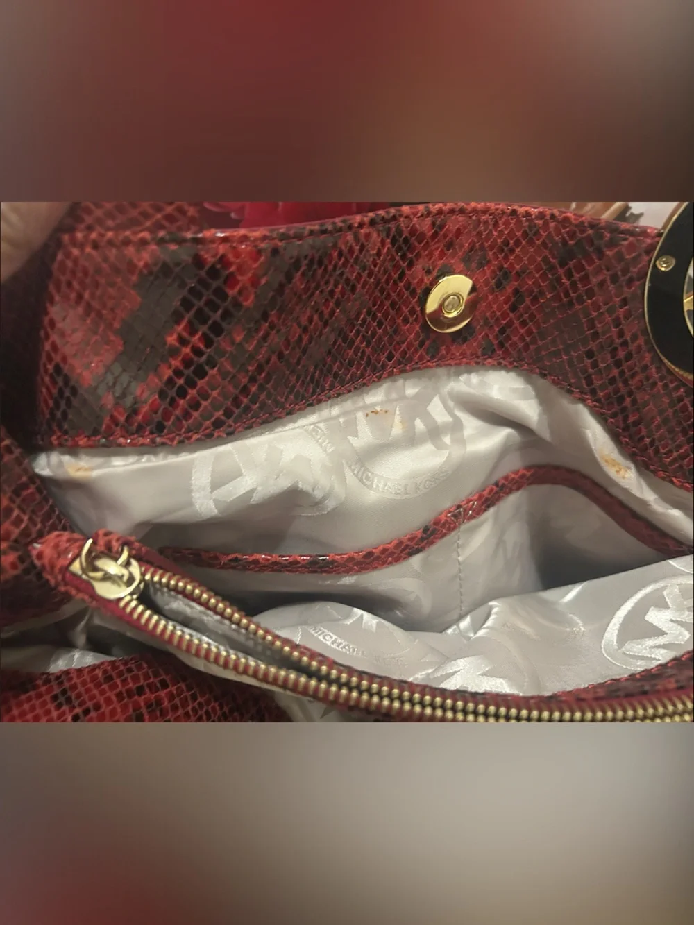 Michael Kors Red and Black Embossed Snake-Print Shoulder Tote with MK Dust Bag - Picture 15 of 15